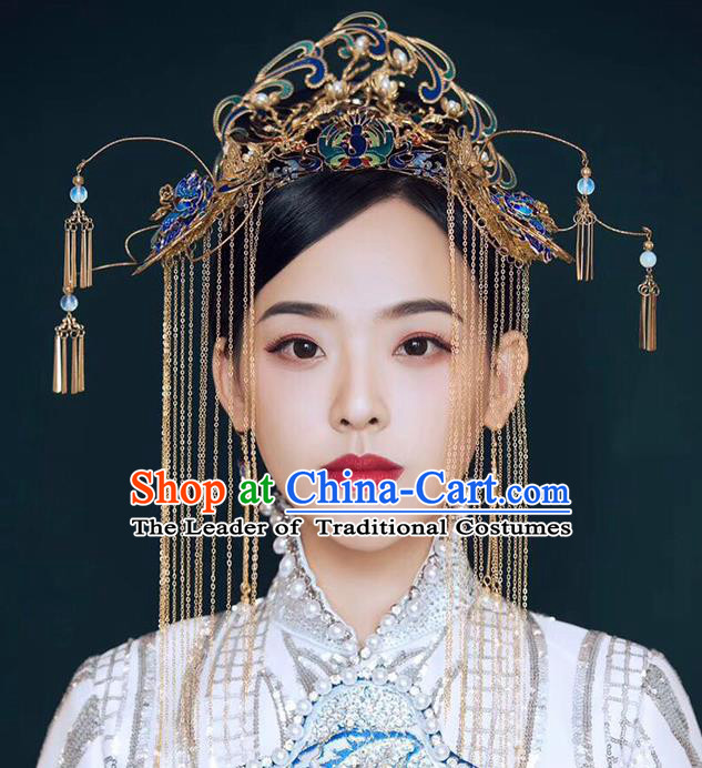 Chinese Ancient Handmade Cloisonne Phoenix Coronet Hair Clips Traditional Hair Accessories Xiuhe Suit Hairpins for Women