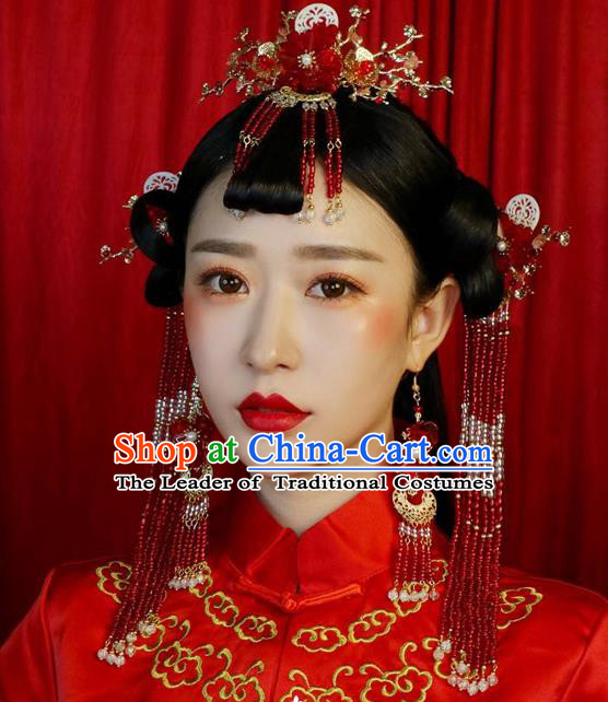 Ancient Chinese Handmade Traditional Hair Accessories Red Beads Hair Clips Xiuhe Suit Hairpins for Women