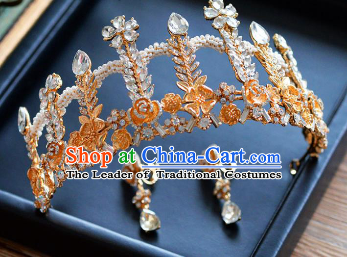 Top Grade Handmade Hair Accessories Baroque Princess Golden Royal Crown Headwear for Women