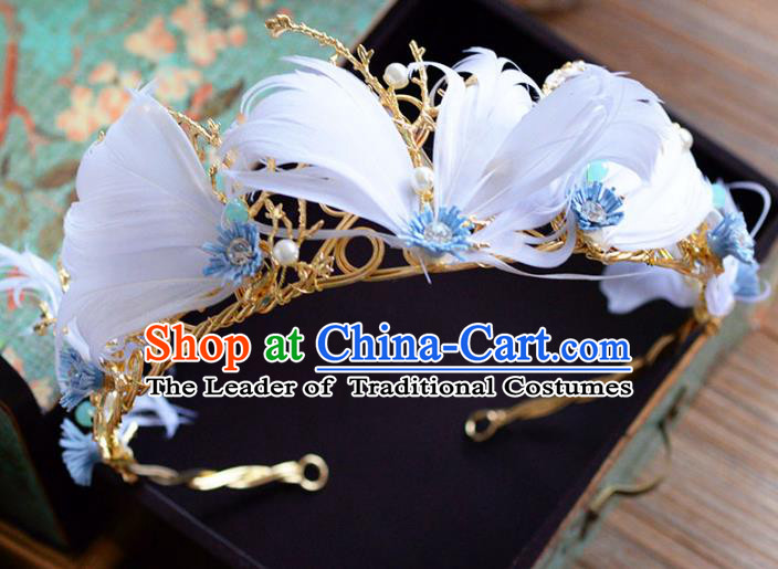 Top Grade Handmade Hair Accessories Baroque White Feather Royal Crown Headwear for Women