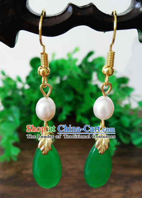 Top Grade Chinese Handmade Wedding Accessories Jadeite Jade Eardrop Hanfu Pearl Earrings for Women
