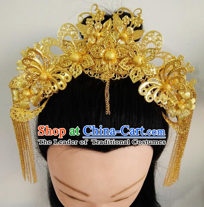 Ancient Chinese Handmade Golden Phoenix Coronet Hair Accessories Classical Tassel Hairpins for Women
