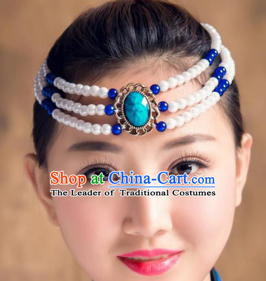 Traditional Chinese Mongol Nationality Dance Hair Accessories, Handmade Mongolian Minority White Beads Hair Clasp Headwear for Women