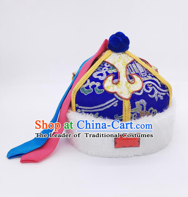 Traditional Chinese Mongol Nationality Children Royalblue Hats, Mongolian Minority Hair Accessories Dance Headwear for Kids