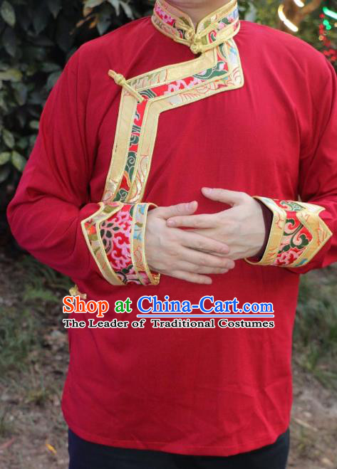 Chinese Traditional Tibetan Minority Dance Costume Zang Nationality Red Shirt for Men