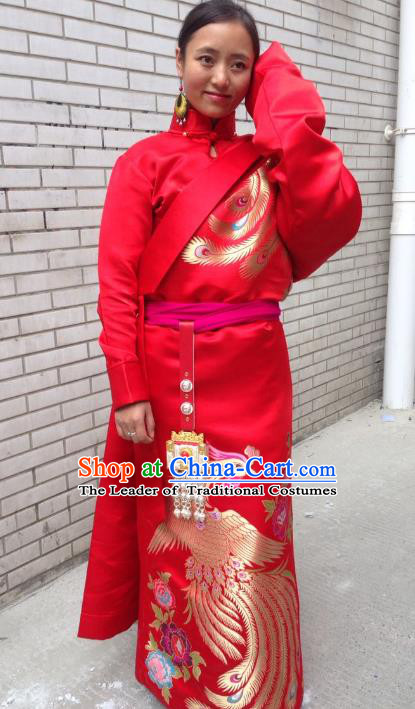 Chinese Traditional Minority Dance Costume Zang Nationality Clothing Red Tibetan Robe for Women