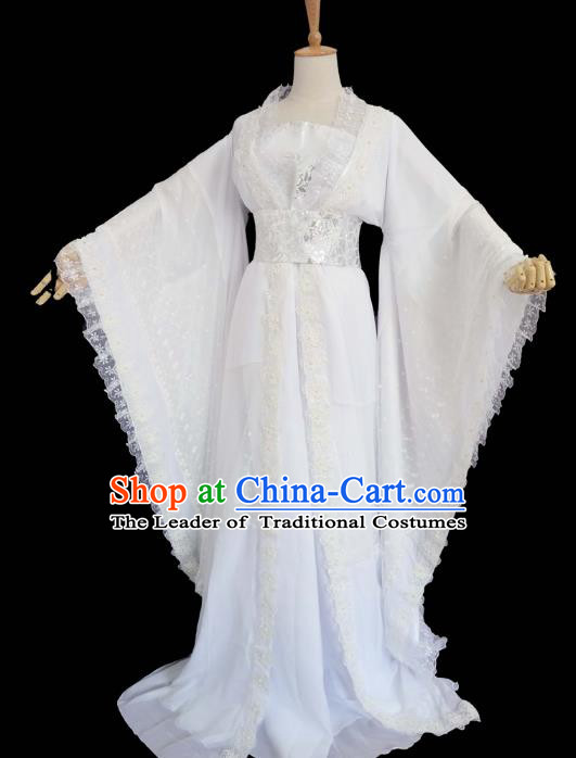 Chinese Ancient Cosplay Fairy Swordswoman White Hanfu Dress Traditional Tang Dynasty Princess Costume for Women