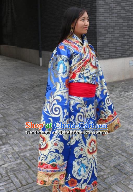 Chinese Traditional Minority Wedding Costume Royalblue Tibetan Robe Zang Nationality Clothing for Women