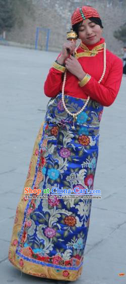 Chinese Traditional Minority Costume Tibetan Royalblue Brocade Skirt Zang Nationality Clothing for Women