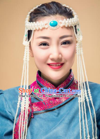 Traditional Chinese Folk Dance Tassel Hair Accessories, Mongolian Minority White Beads Hair Jewelry Dance Headband for Women