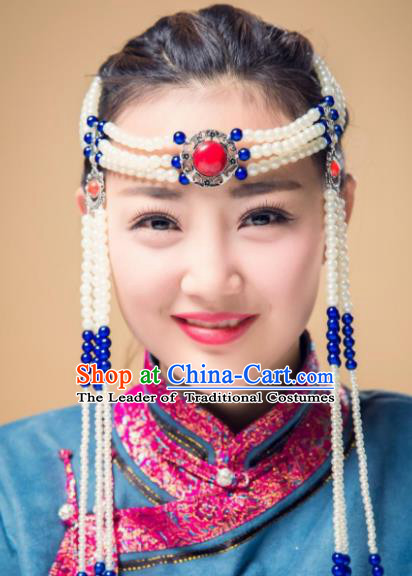 Chinese Traditional Folk Dance Pearls Tassel Hair Accessories, Mongolian Minority Princess Headwear for Women