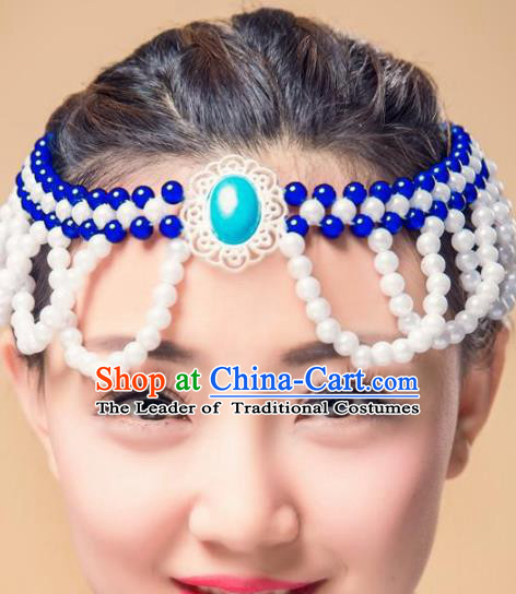 Chinese Traditional Mongol Ethnic Hair Accessories, Mongolian Minority Folk Dance White Beads Tassel Headwear for Women