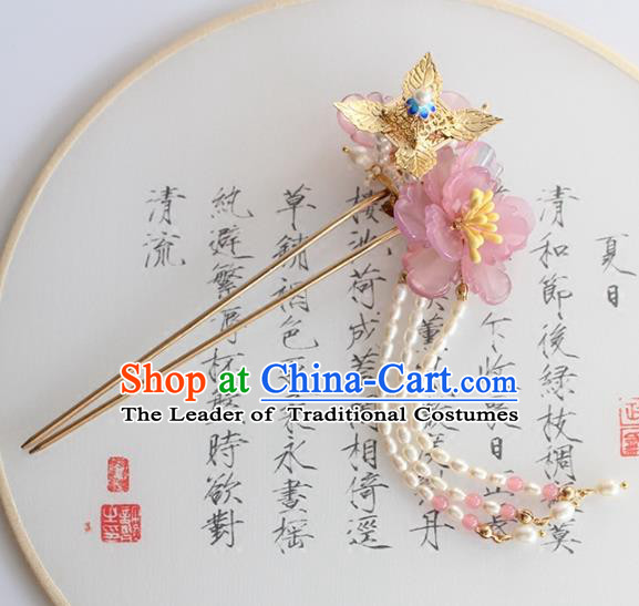 Chinese Ancient Handmade Palace Pink Flower Hair Clip Hair Accessories Hanfu Hairpins for Women