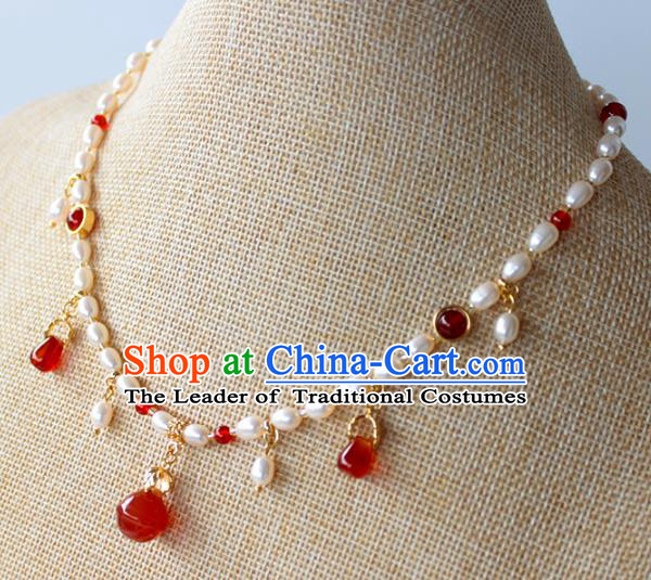 Chinese Ancient Handmade Red Agate Necklace Accessories Hanfu Pearls Necklet for Women