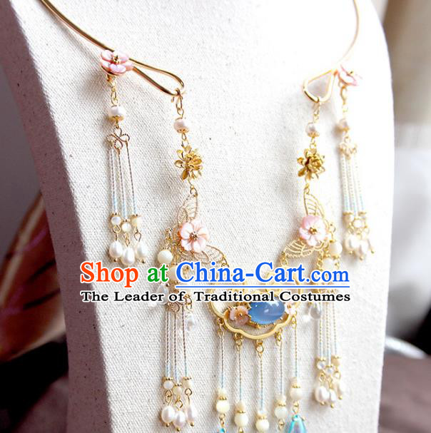 Chinese Ancient Handmade Hanfu Accessories Pearls Tassel Necklace Conophytum Pucillum for Women