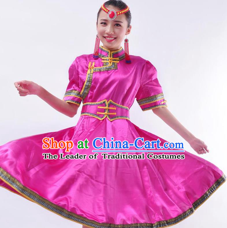 Chinese Mongol Nationality Costume Rosy Dress Traditional Mongolian Minority Clothing for Women