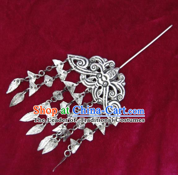 Chinese Traditional Miao Nationality Hair Accessories, Hmong Sliver Butterfly Tassel Hairpins Headwear for Women