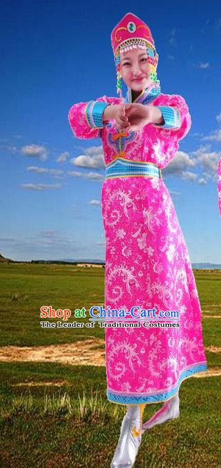 Chinese Mongol Nationality Folk Dance Costume Traditional Rosy Mongolian Robe for Women