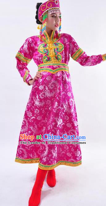 Chinese Mongol Nationality Folk Dance Costume Traditional Minority Rosy Mongolian Robe for Women