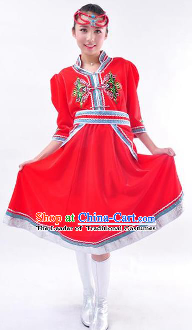 Chinese Mongol Nationality Folk Dance Costume Traditional Minority Red Mongolian Dress for Women