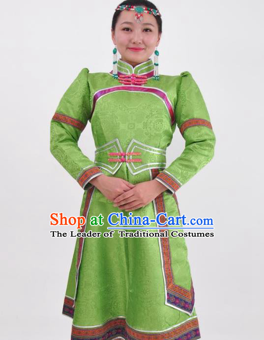 Chinese Mongol Nationality Folk Dance Green Dress Costume Traditional Mongolian Minority Clothing for Women