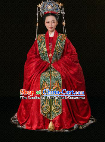 Chinese Traditional Ancient Ming Dynasty Imperial Empress Wedding Hanfu Dress and Phoenix Coronet Complete Set