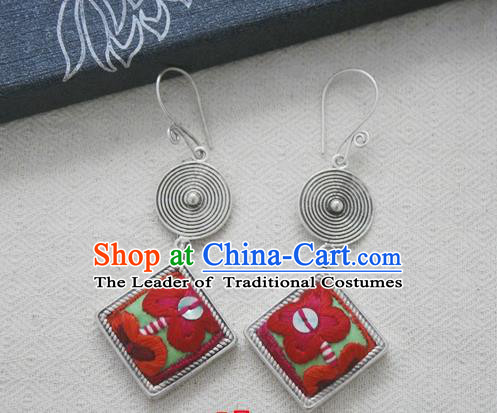 Chinese Handmade Miao Nationality Jewelry Accessories Sliver Embroidered Earbob Hmong Earrings for Women