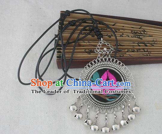 Chinese Miao Sliver Ornaments Embroidered Lotus Necklace Hmong Handmade Necklet Pendant for Women
