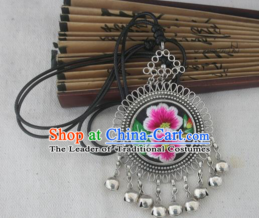 Chinese Miao Sliver Ornaments Embroidered Petunia Necklace Hmong Handmade Necklet Pendant for Women