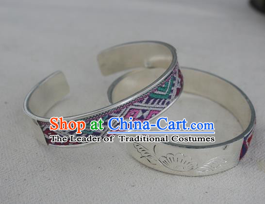Chinese Miao Sliver Ornaments Embroidered Bracelet Traditional Hmong Handmade Bangle for Women