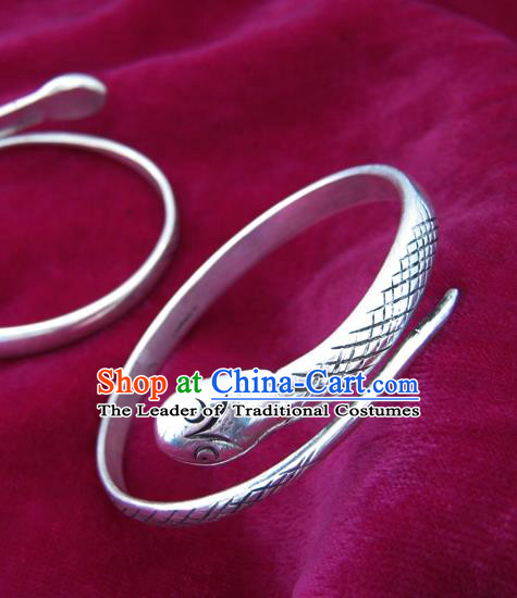 Chinese Miao Sliver Ornaments Snake Bracelet Traditional Hmong Handmade Sliver Bangle for Women