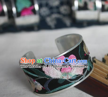 Chinese Miao Sliver Ornaments Bracelet Traditional Hmong Handmade Sliver Embroidered Orchid Bangle for Women