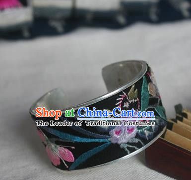 Chinese Miao Sliver Ornaments Bracelet Traditional Hmong Handmade Sliver Embroidered Phalaenopsis Bangle for Women