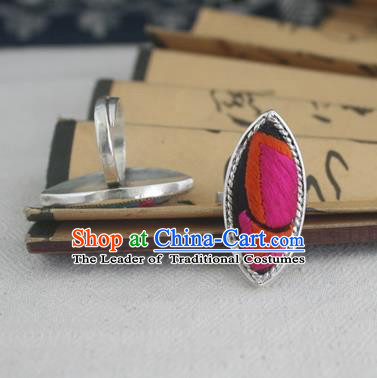 Chinese Traditional Miao Sliver Willow Leaf Ring Traditional Hmong Embroidered Butterfly Wing Rings for Women