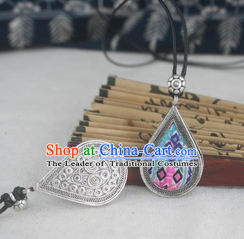 Chinese Traditional Miao Sliver Embroidered Blue Necklace Traditional Hmong Necklet for Women