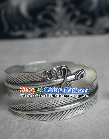 Chinese Miao Sliver Ornaments Feather Bracelet Traditional Hmong Handmade Sliver Bangle for Women