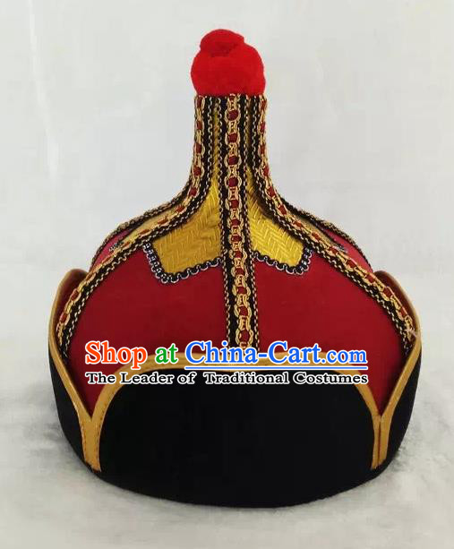 Chinese Traditional Mongol Stage Performance Red Hats, Mongolian Folk Dance Headwear for Men