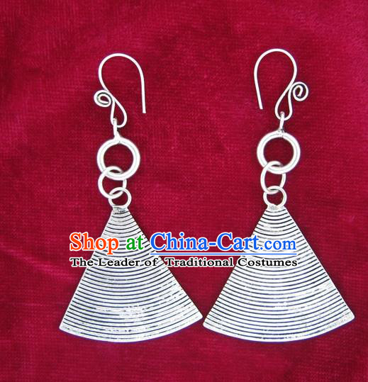 Chinese Miao Sliver Eardrop Ornaments Traditional Hmong Carving Sliver Earrings for Women