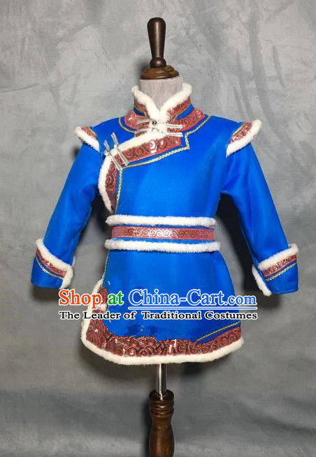 Chinese Traditional Mongol Nationality Boys Blue Mongolian Robe, China Mongolian Minority Folk Dance Ethnic Costume for Kids