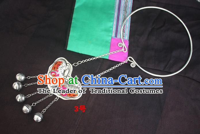 Traditional Chinese Miao Sliver Carving Butterfly Necklace Hmong Ornaments Embroidered Longevity Lock for Women