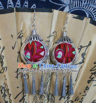 Traditional Chinese Miao Sliver Embroidered Red Earrings Hmong Ornaments Tassel Eardrop for Women