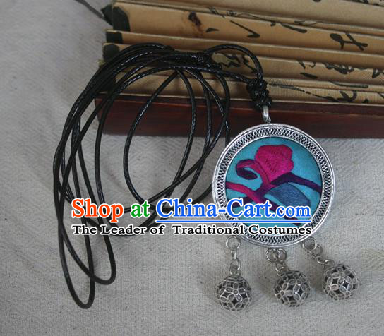 Traditional Chinese Miao Sliver Embroidered Blue Necklace Hmong Ornaments Minority Headwear for Women