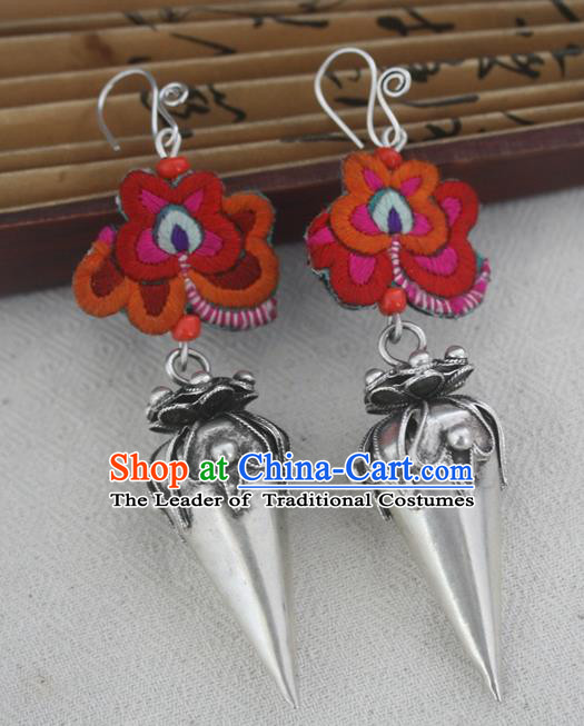 Traditional Chinese Miao Sliver Embroidered Earrings Hmong Ornaments Minority Headwear for Women