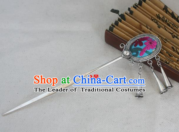 Traditional Chinese Miao Nationality Embroidered Blue Hair Clip Hanfu Sliver Hairpins Hair Accessories for Women
