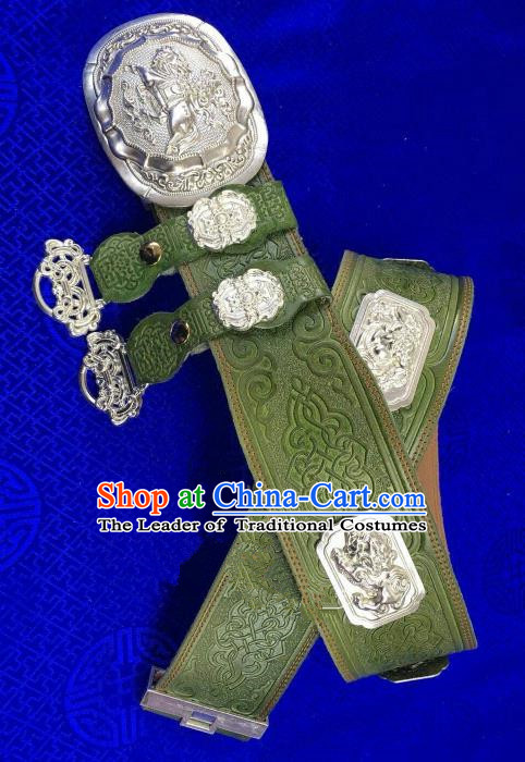 Traditional Chinese Mongol Nationality Waistband Mongolian Robe Green Leather Belts for Men