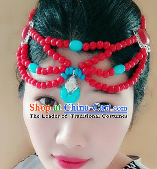 Chinese Traditional Mongol Stage Performance Hair Accessories, Mongolian Folk Dance Red Beads Hair Clasp Headwear for Women