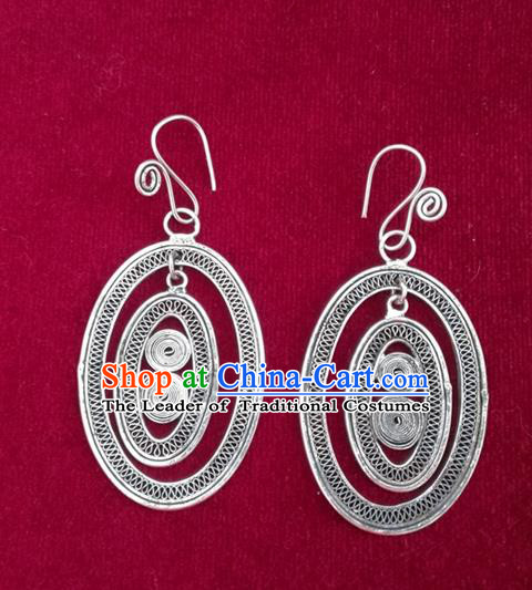 Traditional Chinese Miao Sliver Oval Earrings Hmong Ornaments Minority Headwear for Women