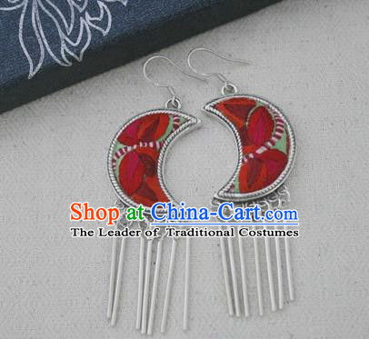 Chinese Traditional Miao Sliver Moon Earrings Hmong Ornaments Accessories Minority Embroidered Eardrop for Women