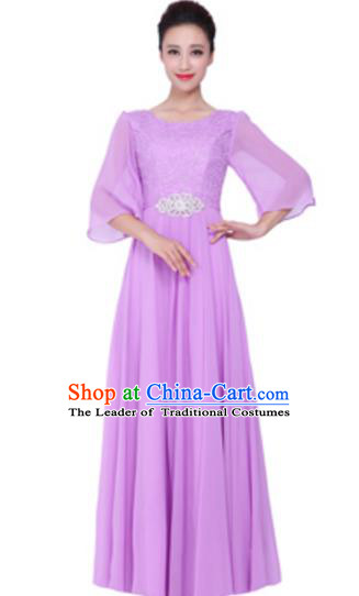 Top Grade Chorus Singing Group Lilac Lace Full Dress, Compere Stage Performance Modern Dance Costume for Women
