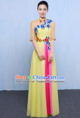 Chinese Traditional Chorus Singing Group Embroidered Costume, Compere Classical Dance Yellow Dress for Women